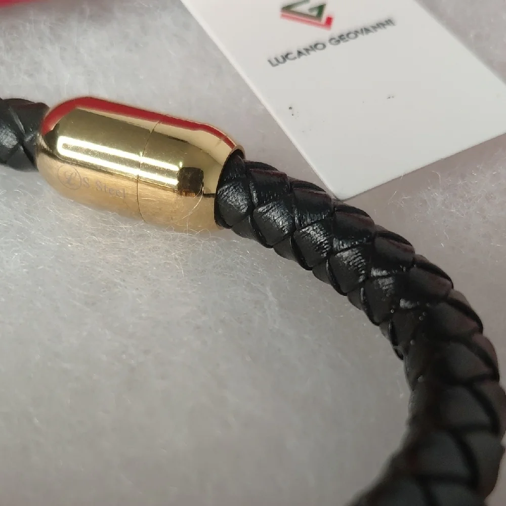 Leather & Stainless Steel Black and Gold Men's Braided Bracelet